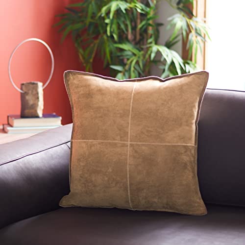 SAFAVIEH Home Collection Karya Camel Faux Suede 18-inch Decorative Accent Insert Throw Pillow, 1'6" Square