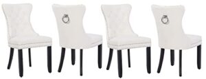 btexpert high back velvet tufted upholstered dining chairs, solid wood-nail trim, ring white set of 4, set of 4, white, set of 4, white