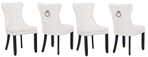 BTEXPERT High Back Velvet Tufted Upholstered Dining Chairs, Solid Wood-Nail Trim, Ring White Set of 4, Set of 4, White, Set of 4, White