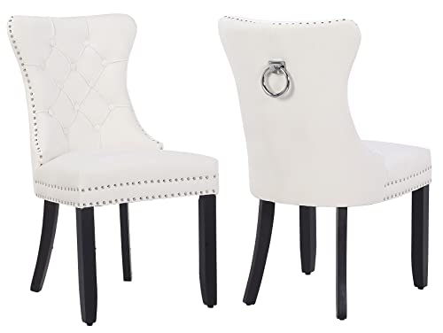 BTEXPERT High Back Velvet Tufted Upholstered Dining Chairs, Solid Wood-Nail Trim, Ring White Set of 4, Set of 4, White, Set of 4, White