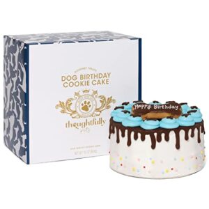 thoughtfully pets, boy dog birthday cookie cake, ginger flavored, blue 6 inch round solid biscuit decorated as a dog birthday cake with frosting and sprinkles
