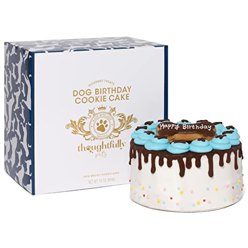 Thoughtfully Pets, Boy Dog Birthday Cookie Cake, Ginger Flavored, Blue 6 Inch Round Solid Biscuit Decorated as a Dog Birthday Cake with Frosting and Sprinkles