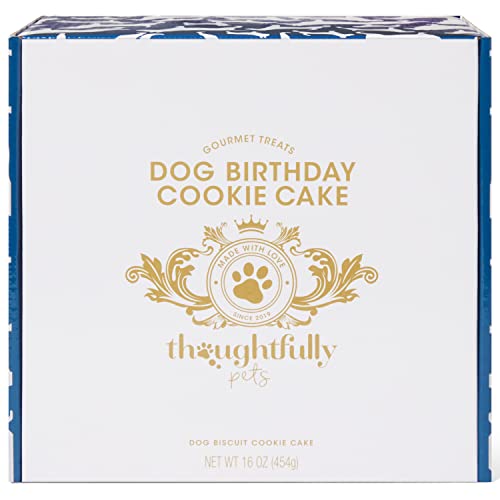 Thoughtfully Pets, Boy Dog Birthday Cookie Cake, Ginger Flavored, Blue 6 Inch Round Solid Biscuit Decorated as a Dog Birthday Cake with Frosting and Sprinkles