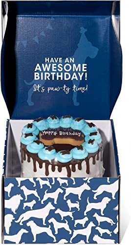 Thoughtfully Pets, Boy Dog Birthday Cookie Cake, Ginger Flavored, Blue 6 Inch Round Solid Biscuit Decorated as a Dog Birthday Cake with Frosting and Sprinkles