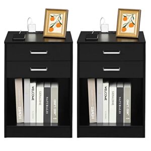 Tiptiper Nightstand Set of 2 with Charging Station,Black Night Stands for Bedroom,End Table Side Cabinet