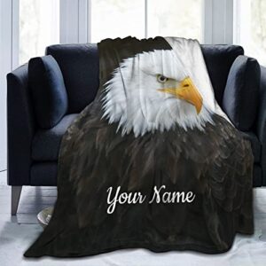 bald eagle blanket, custom blanket with name text, personalized flannel throw blanket for adult, kids, 40 x 50 inches