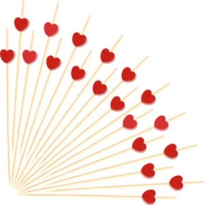 100pcs red heart cocktail picks 4.7" long fruit sticks food toothpicks sandwich appetizer charcuterie skewers, handmade of bamboo wood, for birthday, wedding, valentines day decoration party supplies