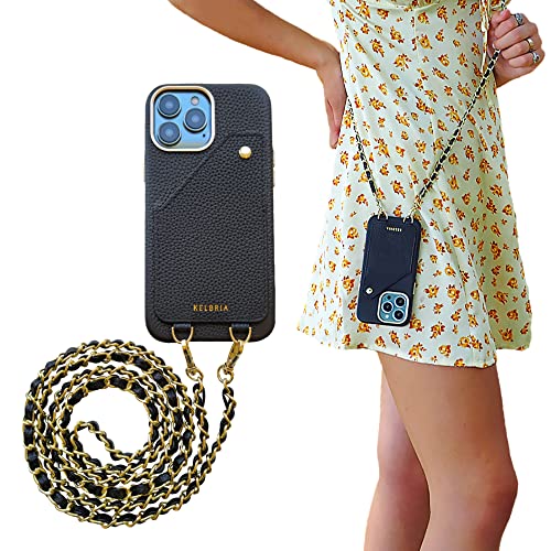 KELBRIA Crossbody iPhone 13 Pro Max Case with Card Holder for Women – Leather iPhone 13 Pro Max Case with Strap – iPhone 13 Pro Max Wallet Case for Women – Black Pebble Leather