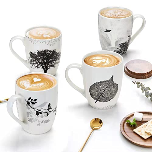 Set of 4 Coffee Mug Sets, 12 OZ Ceramic Coffee Mugs, Set with Different Tree Patterns Coffee Cup