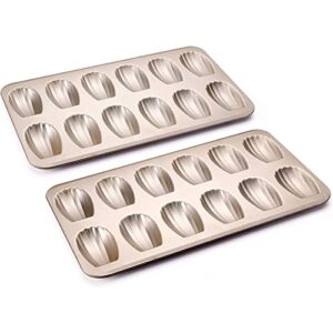 hongbake nonstick madeleine pan 2 pack 12-cavity heavy duty madeleine cookies trays for oven baking, warp resistant shell shape madeleine mold cake pan, champagne gold
