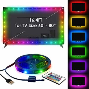 bestluz tv led backlight, 16.4ft led lights for tv 60 65 70 75 80 inches, usb powered rgb color with remote control, bias tap lighting for bedroom and living room