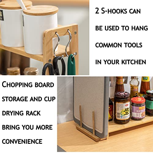 SHUOXIANG Kitchen Spice Racks, Bamboo Countertop Storage Organizer Jars Bottle Sauce Seasoning Rack Holder, 2 Tier Standing Step Shelf, Includes Knife, Cutlery, Chopping Board Storage, plus 2 Hooks