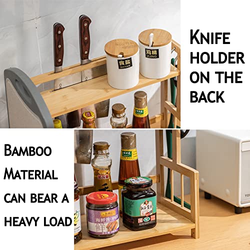 SHUOXIANG Kitchen Spice Racks, Bamboo Countertop Storage Organizer Jars Bottle Sauce Seasoning Rack Holder, 2 Tier Standing Step Shelf, Includes Knife, Cutlery, Chopping Board Storage, plus 2 Hooks