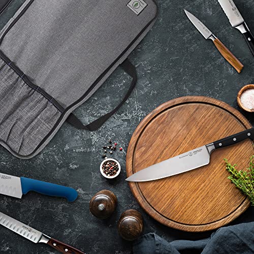 Messermeister Preservation 5-Pocket Knife Luggage, Heather Gray - 5 Elasticized, Reinforced Pockets for Culinary Tools - Holds Up to 18” Knife - Made From 100% Recycled Water Bottles