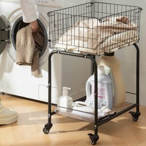 basket for garments storage, easy moved with wheels have brake, Laundry basket, white color，rolling basket (BLACK)
