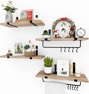 rustic floating shelves, set of 4, wooden wall shelves with bars, storage shelves for bathroom, kitchen, living rooms, bedroom (light brown)