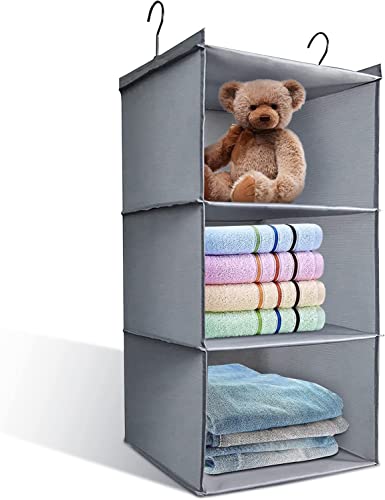 FYY 3-Shelf Hanging Closet Organizers and Storage, Collapsible Heavy Duty Closet Organizer Shelves, Waterproof Washable Fabric Shelves, 23.6" H x 12.2" W x 12.2" D, Grey