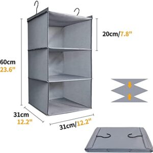 FYY 3-Shelf Hanging Closet Organizers and Storage, Collapsible Heavy Duty Closet Organizer Shelves, Waterproof Washable Fabric Shelves, 23.6" H x 12.2" W x 12.2" D, Grey