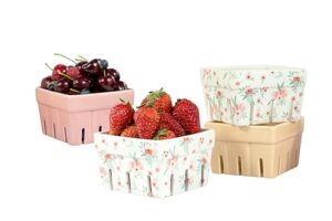 aels ceramic berry basket, farmhouse fruit bowl container for fruit & vegetables, farmers market, pink floral pattern, kitchen decor, stoneware harvest bowls, set of 4