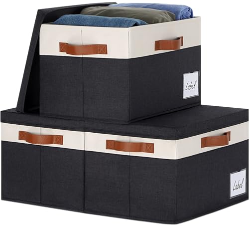 GhvyenntteS Large Storage Bins with Lids (3-Pack), Storage Baskets with Lid and Label Window, Foldable Fabric Storage Boxes with 3 Handles for Home Office College Dorms (Black, 15" x 11" x 9.7")