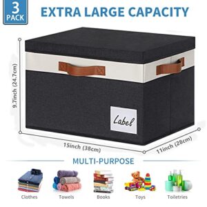 GhvyenntteS Large Storage Bins with Lids (3-Pack), Storage Baskets with Lid and Label Window, Foldable Fabric Storage Boxes with 3 Handles for Home Office College Dorms (Black, 15" x 11" x 9.7")