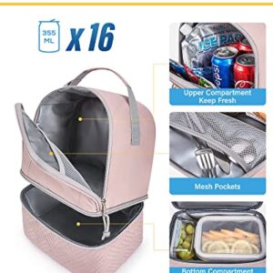 SUNLUG Large Lunch Bag for Women Insulated Lunch Box Double Deck Lunch Tote Reusable Pink Lunchbox for Office Work Picnic 13.5L