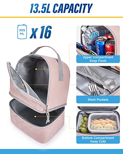 SUNLUG Large Lunch Bag for Women Insulated Lunch Box Double Deck Lunch Tote Reusable Pink Lunchbox for Office Work Picnic 13.5L