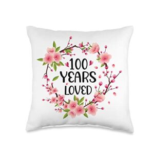 100 years old birthday gifts for women and men floral old 100th birthday women 100 years loved throw pillow, 16x16, multicolor