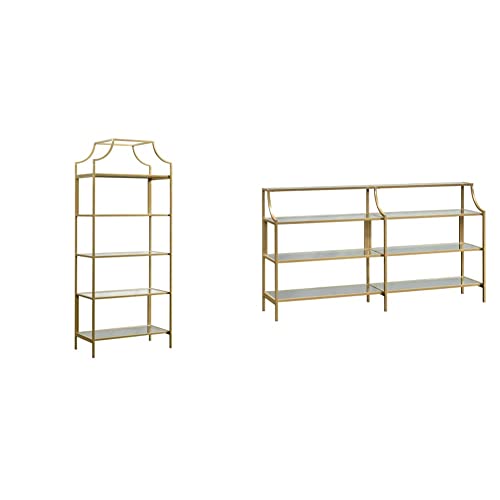 Sauder 421434 International Lux Bookcase, L: 30.0" x W: 14.49" x H: 70.87", Satin Gold Finish & International Lux Console Table, L: 59.41" x W: 13.07" x H: 32.4", Satin Gold Finish