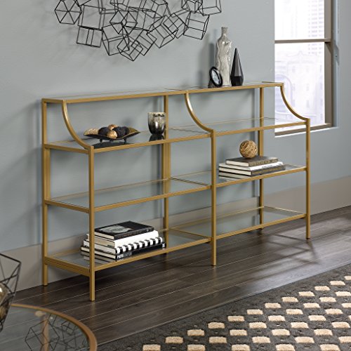 Sauder 421434 International Lux Bookcase, L: 30.0" x W: 14.49" x H: 70.87", Satin Gold Finish & International Lux Console Table, L: 59.41" x W: 13.07" x H: 32.4", Satin Gold Finish