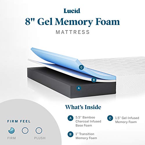 LUCID 6 Inch Gel Memory Foam Mattress – Breathable Cover & 8 Inch Gel Memory Foam-Mattress – Firm Feel – Gel Infusion – Hypoallergenic Bamboo Charcoal – Breathable-Cover