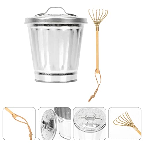 Cabilock Trash Cans Desk Topper Mini Small Trash Can Desktop Garbage Can Trash Can Countertop Trash Bin Mini Wastebasket with Mini Rake and Lid Zen Garden Tools Tabletop Accessories Retro Decor