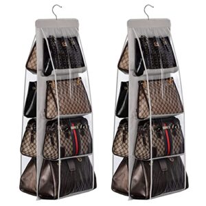 lirex 2-pack handbag hanging purse organizer for closet, 8 pocket handbag storage organizer hanger oxford cloth closet organizer for family closet bedroom, foldable and universal fit, grey