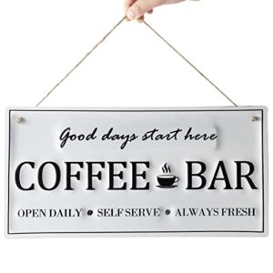 coffee signs for coffee bar.metal coffee bar sign decor, good days start here,14" x 7". coffe bar assecories, hanging coffee sign for farmhouse kitchen wall decorations. cocina de cafe.(white)