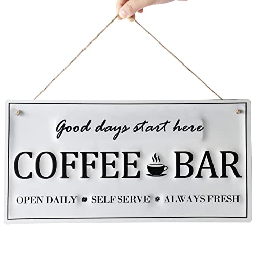 Coffee Signs For Coffee Bar.Metal Coffee Bar Sign Decor, Good Days Start Here,14" x 7". Coffe Bar Assecories, Hanging Coffee Sign for Farmhouse Kitchen Wall Decorations. Cocina De Cafe.(White)