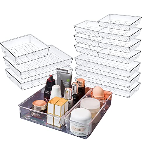 JINYUDOME 13 Pcs Desk Drawer Organizer Trays Sets 5-Size Clear Plastic Vanity Makeup Drawer Organizers,Used for Kitchen, Office, Bathroom, Makeup