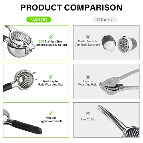 Vakoo Lemon Squeezer, Premium Quality Stainless Steel Squeeze Out Every Drop Of Juice, Max Extraction Most Juice Hand Press Lime Citrus Squeezer, Black
