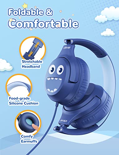 iClever Smiley Kids Headphones Wired, 85/94dB Volume Limited, Over-Ear Headphones for Kids with Share Port, Stereo Sound, Foldable Kids Headphones for School/Travel/iPad/Fire Tablet, Blue