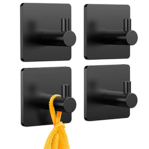 HITSLAM Adhesive Hooks Heavy Duty Self Adhesive Towel Hooks, Stick on Wall Hooks for Hanging Towels, Waterproof 304 Stainless Steel Shower Hooks for Bathroom, Towel Hanger Matte Black 4 Packs