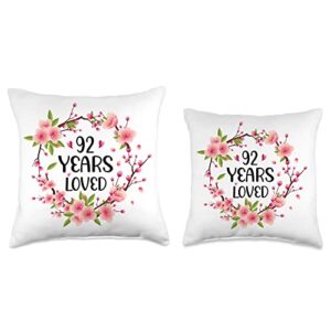 92 Years Old Birthday Gifts for Women and Men Floral Old 92nd Birthday Women 92 Years Loved Throw Pillow, 18x18, Multicolor