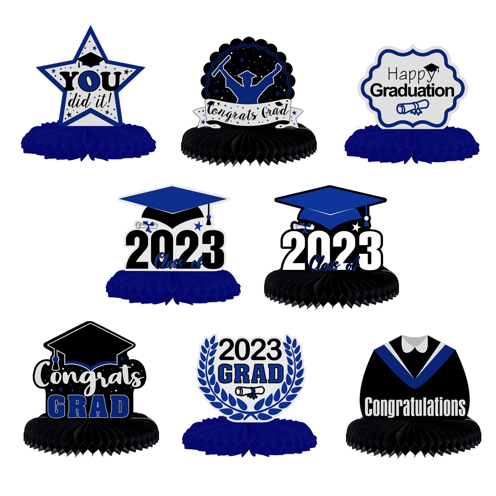 LINGTEER Congrats Grad,Class of 2023 Graduation Table Honeycomb Centerpieces - 8 pcs 2023 Graduation Party Decorations Sign - Blue.