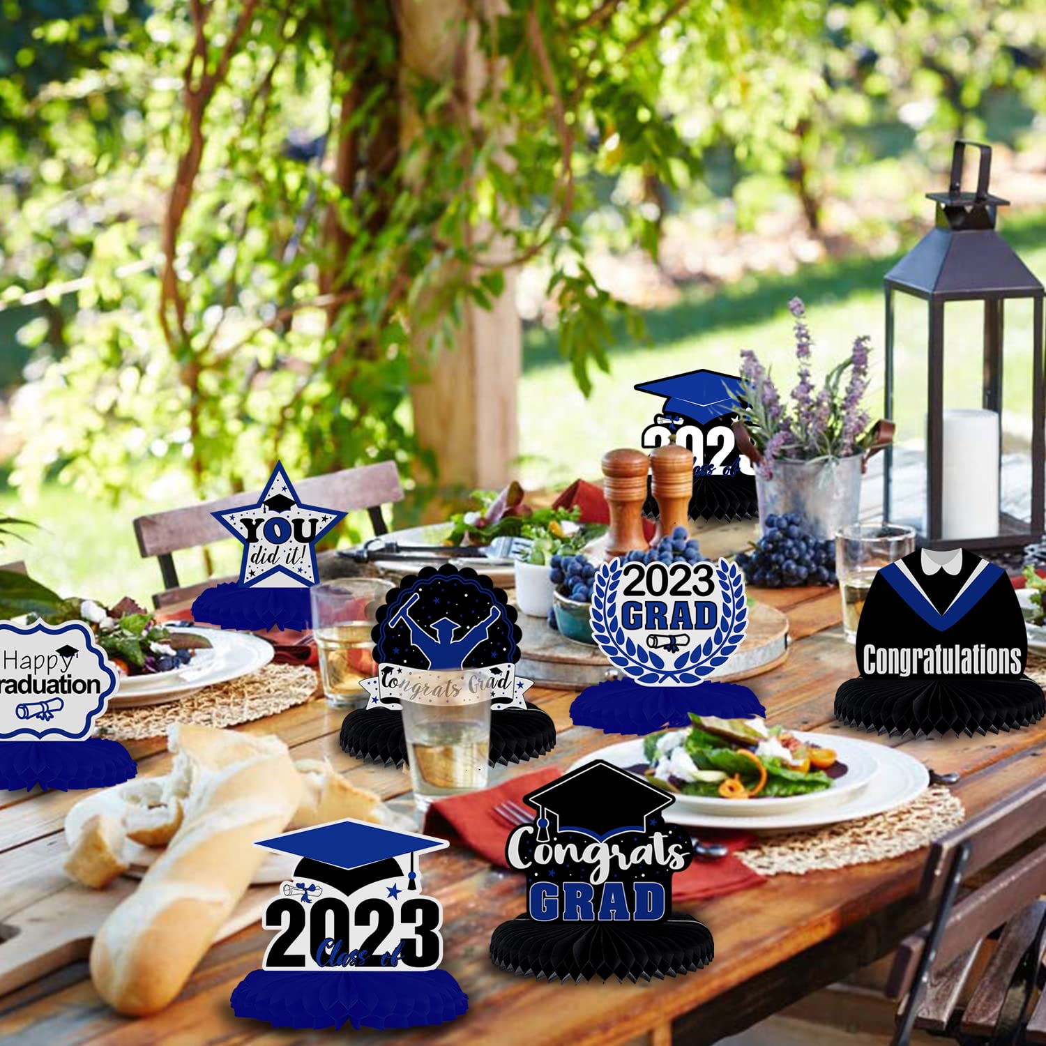 LINGTEER Congrats Grad,Class of 2023 Graduation Table Honeycomb Centerpieces - 8 pcs 2023 Graduation Party Decorations Sign - Blue.