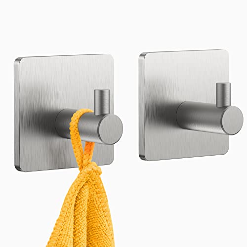 HITSLAM Adhesive Hooks Heavy Duty Self Adhesive Towel Hooks, Stick on Wall Hooks for Hanging Towels, Waterproof 304 Stainless Steel Shower Hooks for Bathroom, Towel Hanger Brushed Nickel 2 Packs