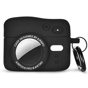 airspo compatible with airpods pro case, compatible with airtags case cover cute 3d camera design soft silicone case with keychain (black)