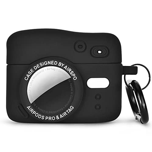 AIRSPO Compatible with AirPods Pro Case, Compatible with AirTags Case Cover Cute 3D Camera Design Soft Silicone Case with Keychain (Black)