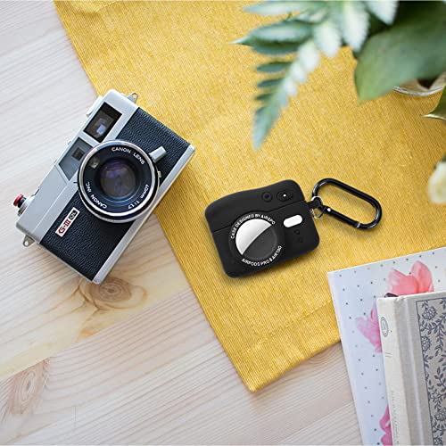 AIRSPO Compatible with AirPods Pro Case, Compatible with AirTags Case Cover Cute 3D Camera Design Soft Silicone Case with Keychain (Black)