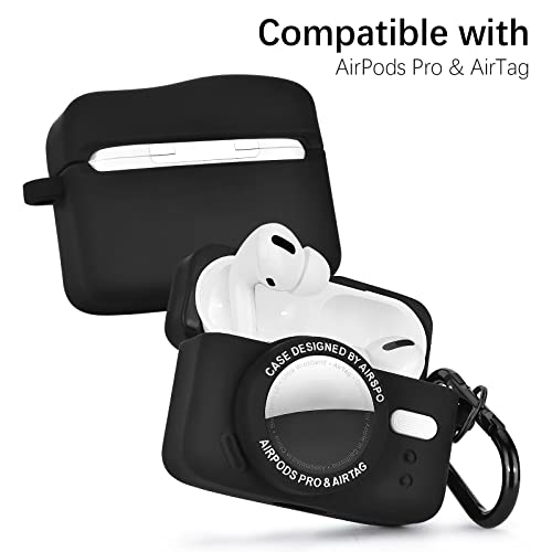 AIRSPO Compatible with AirPods Pro Case, Compatible with AirTags Case Cover Cute 3D Camera Design Soft Silicone Case with Keychain (Black)