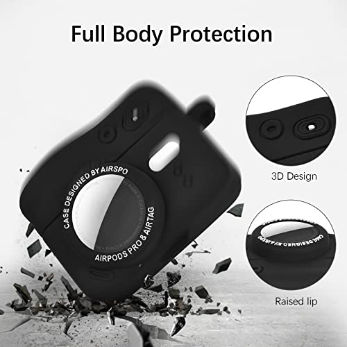 AIRSPO Compatible with AirPods Pro Case, Compatible with AirTags Case Cover Cute 3D Camera Design Soft Silicone Case with Keychain (Black)