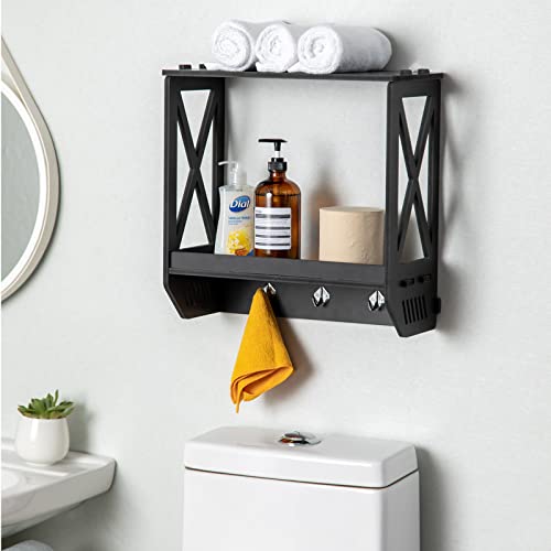 J JINXIAMU Bathroom Wall Shelf,Wall Shelves Over The Toilet Storage Fit for Any Room,Wall Shelf with Hooks Great Key Holder for Wall Decorative,Floating Bathroom Shelves Nice Bathroom Decor,Black