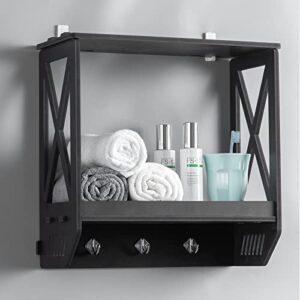 J JINXIAMU Bathroom Wall Shelf,Wall Shelves Over The Toilet Storage Fit for Any Room,Wall Shelf with Hooks Great Key Holder for Wall Decorative,Floating Bathroom Shelves Nice Bathroom Decor,Black